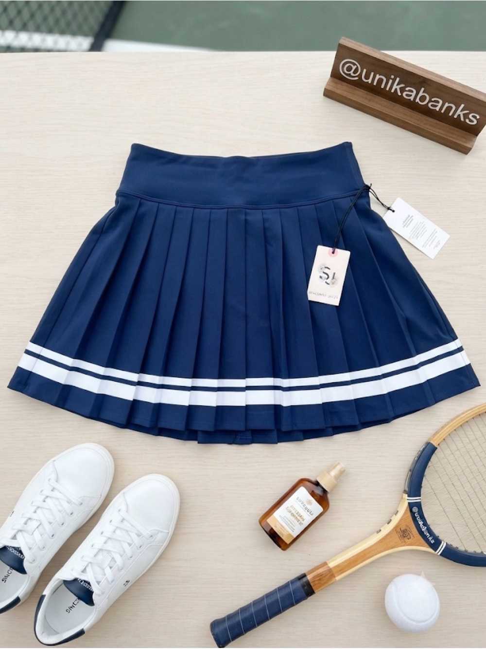 Sincerely Jules Navy Pleated Skater Skirt with White Hem Stripes